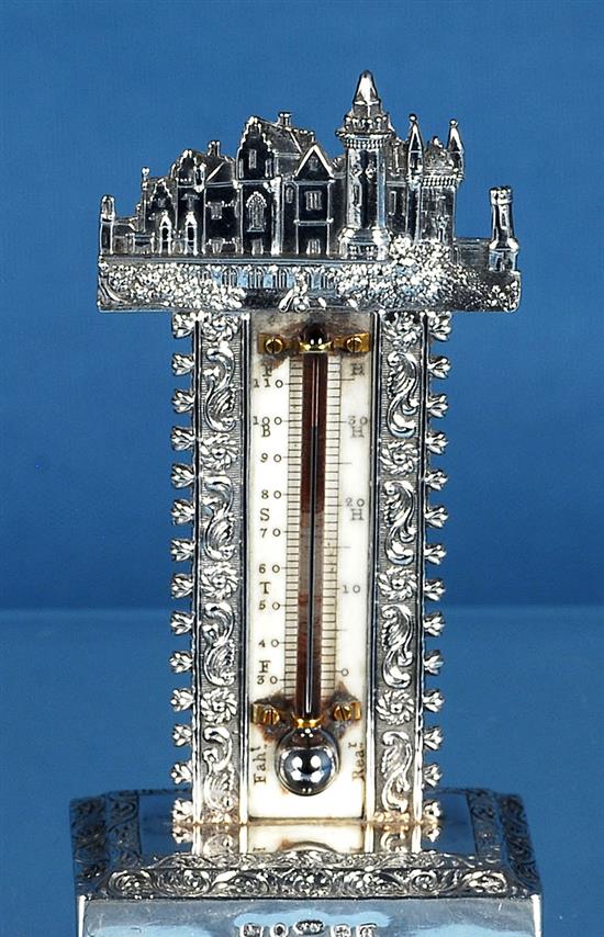 A rare William IV novelty silver castle top thermometer, by Joseph Wilmore, Height 94mm Gross weight 1oz/33grms